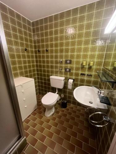 a bathroom with a toilet and a sink at Helle Wohnung mit großem Balkon in Oberreute