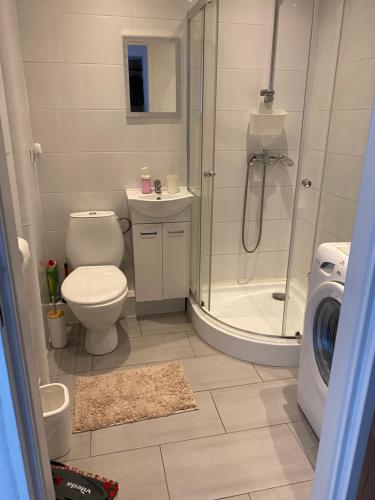 a bathroom with a shower and a toilet and a washing machine at Apartament Piechoty Tanie spanie in Elblag