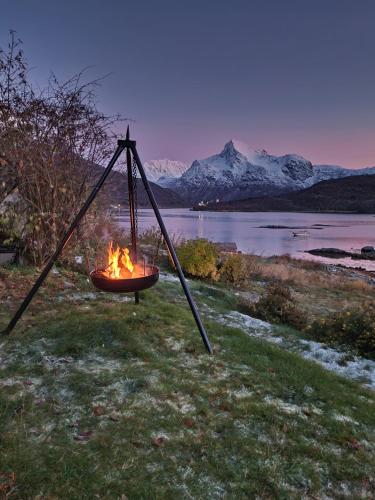 a fire in a swing with a mountain in the background at Sjarmerende anneks i Sigerfjord, Vesterålen in Sortland