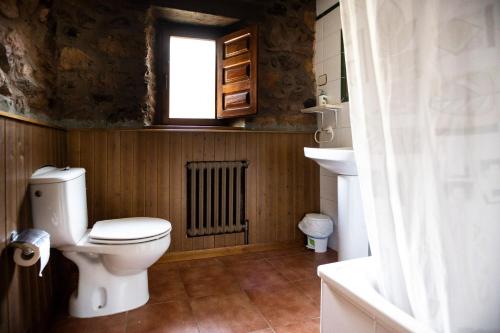 a bathroom with a toilet and a window at Casa de Aldea Menéndez in Cangas del Narcea