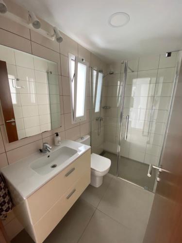 a bathroom with a sink and a toilet and a shower at Las Canteras beach and sea, wifi, terraza, comodidad in Las Palmas de Gran Canaria