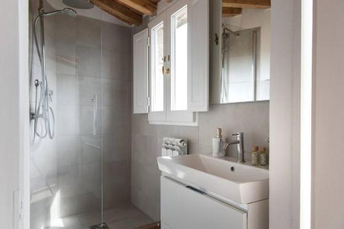 ein weißes Bad mit einem Waschbecken und einer Dusche in der Unterkunft Il Borghetto - La Casa di Elba, Terrazzo panoramico in Val d'Orcia in Castelnuovo dellʼAbate