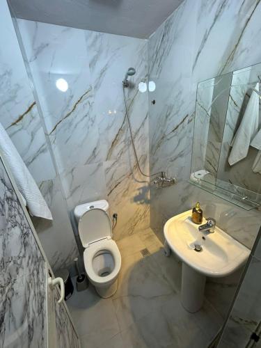 Un baño con un inodoro blanco y un lavabo. en Gex apartments, en Tirana