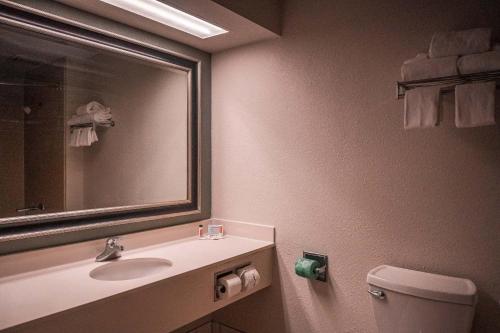 a bathroom with a sink and a mirror and a toilet at American Inn & suites in Dundee