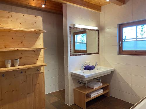 a bathroom with a sink and a mirror at Alpenchalets Waldheim in Finkenberg