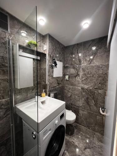 a bathroom with a sink and a toilet and a shower at Liepājā 4:10 pm in Liepāja