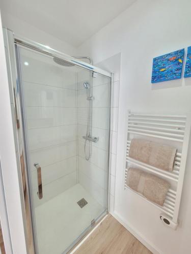 uma casa de banho com uma cabina de duche em vidro em Paisible, spacieux avec petit jardin em Artigues-près-Bordeaux