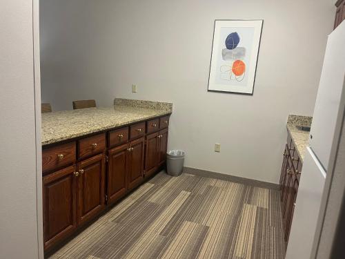 a kitchen with wooden cabinets and a counter top at Holiday Inn Express Hotel & Suites Sioux Falls At Empire Mall, an IHG Hotel in Sioux Falls
