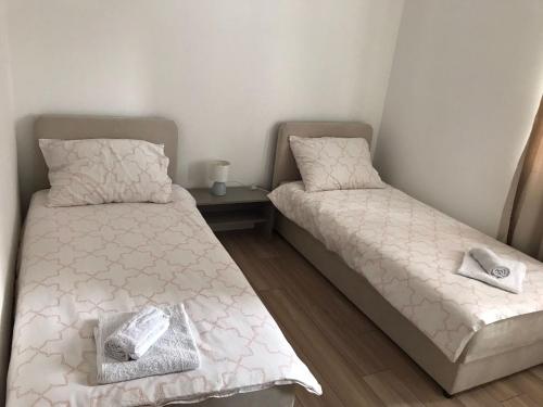 two beds sitting next to each other in a room at Apartman DE in Velika Gorica