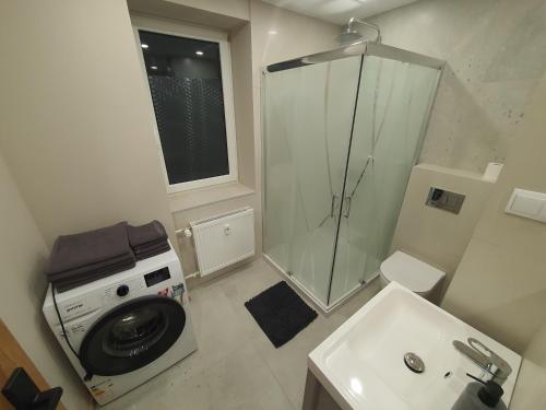 ein Badezimmer mit einer Waschmaschine und einem Waschbecken in der Unterkunft JDK Apartamenty Legionów 74m2 8-osobowy in Kalisz