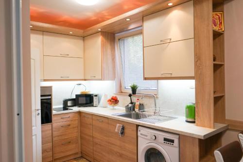 La cuisine est équipée d'un évier et d'un lave-vaisselle. dans l'établissement Chic Urban Retreat: Modern 2-Bedroom Gem for Your City Escape, à Plovdiv