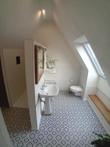 uma casa de banho com um lavatório e um WC em Ferienhaus am Kuhstall em Bad Münstereifel