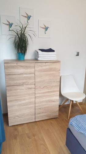 a wooden dresser in a bedroom with a plant on it at VILLA MILA Apartamenty in Karpacz