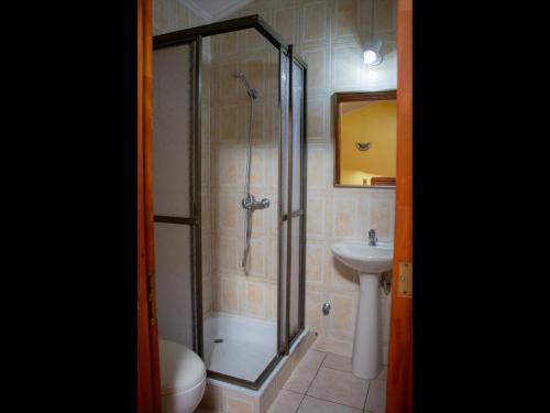 a bathroom with a shower and a toilet and a sink at Hostal Remember in Temuco