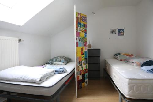 a bedroom with two beds and a mirror at Appartement spacieux Lille in Lille