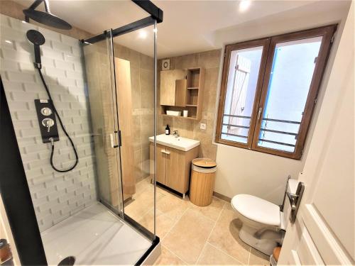 a bathroom with a shower and a toilet at Joli T2 1er étage wifi/verdon/centre ville in Castellane
