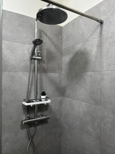 La salle de bains est pourvue d'une douche avec un pommeau de douche. dans l'établissement Apartamento a 2 minutos de la playa, à Malaga