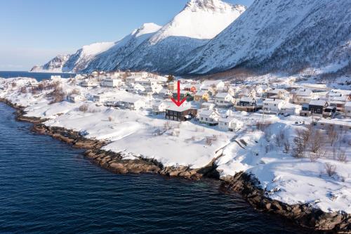 eine Insel im Wasser mit schneebedeckten Bergen in der Unterkunft Skipperhuset leilighet nr 1 in Tofta