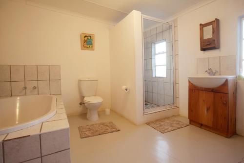 a bathroom with a tub and a toilet and a sink at Vaalwater Lodge & Bush Camp in Willowmore