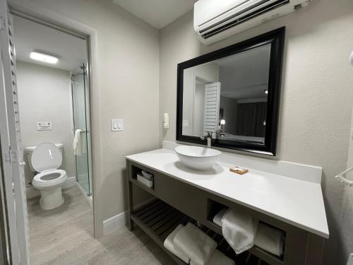 a bathroom with a sink and a toilet and a mirror at Quality Inn & Suites Airport-Cruise Port Hollywood in Hollywood