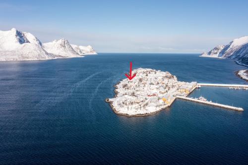 an island in the middle of the water with snow covered mountains at Skipperhuset leilighet nr 2 in Tofta