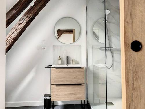 uma casa de banho com um lavatório e um chuveiro com um espelho. em L'Hippolyte - Cœur de ville em Compiègne