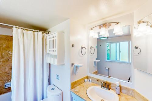 a bathroom with a sink and a toilet and a mirror at The Renton Rest House in Renton