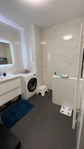 une salle de bain avec une machine à laver et un lavabo dans l'établissement Appartement vert, à Corbeil-Essonnes