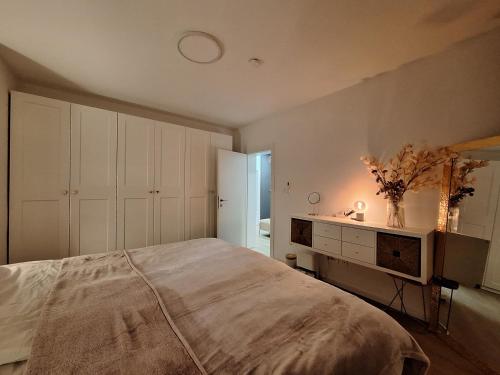 札格雷布的住宿－DOLLY APARTMENT，一间卧室配有一张大床和镜子