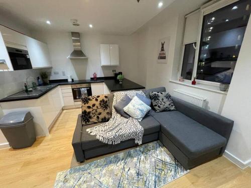 ein Wohnzimmer mit einem Sofa und einer Küche in der Unterkunft 1 Bedroom Flat in London CB46 in Croydon
