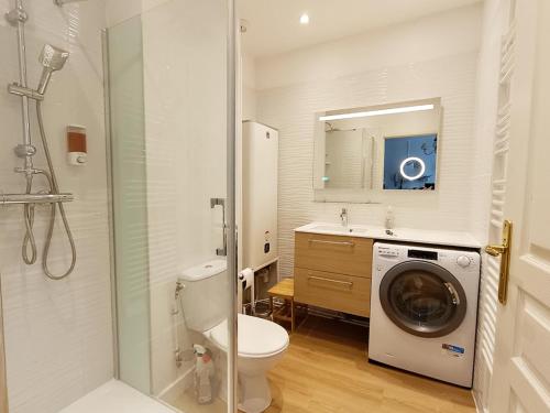 ein Badezimmer mit einem WC und einer Waschmaschine in der Unterkunft L'Isard, T2, centre Luchon, wifi, ascenseur, casier à ski, 4 personnes in Luchon