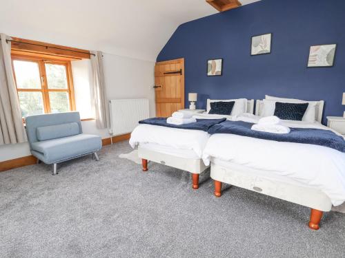 a bedroom with two beds and a blue wall at Rhydonnen Bach in Denbigh