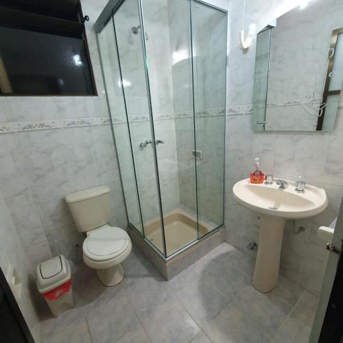 a bathroom with a shower and a toilet and a sink at Departamento céntrico - 3 habitaciones in Sucre