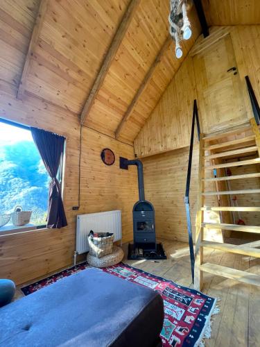 a room with a woodburning stove in a cabin at Woodpecker Georgia in Batumi