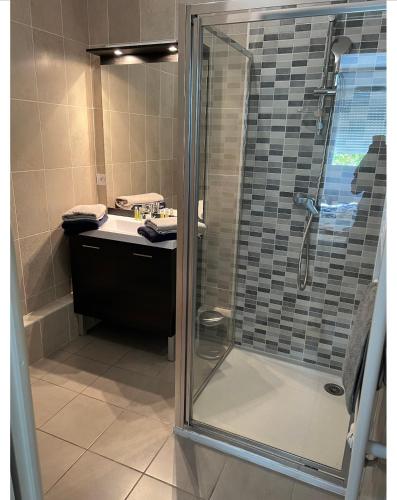 La salle de bains est pourvue d'une douche en verre et d'un lavabo. dans l'établissement Bel appartement duplex tramway à proximité, à Eysines