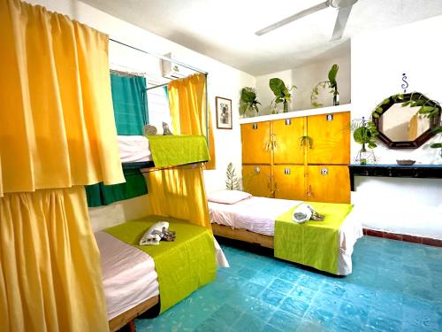 a bedroom with two bunk beds and yellow curtains at Hostal Guacamayas in Valladolid