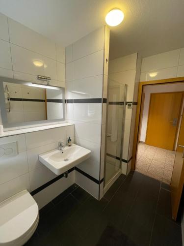 a bathroom with a sink and a toilet and a shower at Eurotel am Main in Offenbach