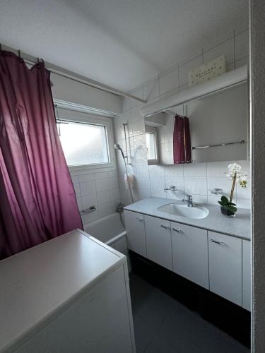 a bathroom with a sink and a purple shower curtain at Gemütliche möbilierte Wohnung in Winterthur in Winterthur