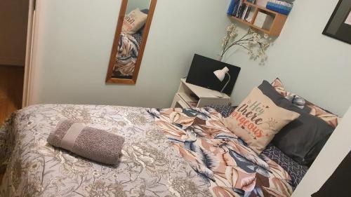 sypialnia z łóżkiem z kołdrą i lustrem w obiekcie Private single room guest sleep w Londynie
