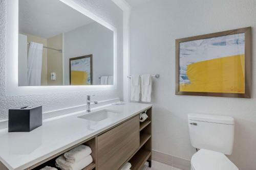 a bathroom with a sink and a toilet and a mirror at Comfort Suites West Indianapolis - Brownsburg in Brownsburg