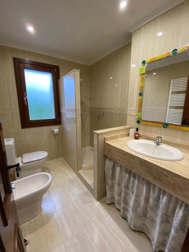 ein Badezimmer mit Waschbecken, Toilette und Spiegel in der Unterkunft La Xana del Profundu in Villaviciosa
