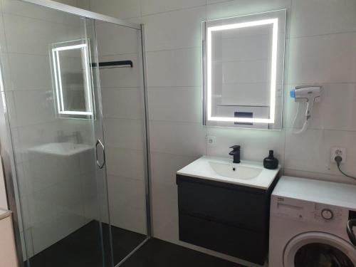 a bathroom with a shower and a sink and a washing machine at Apart Comfort in Prague