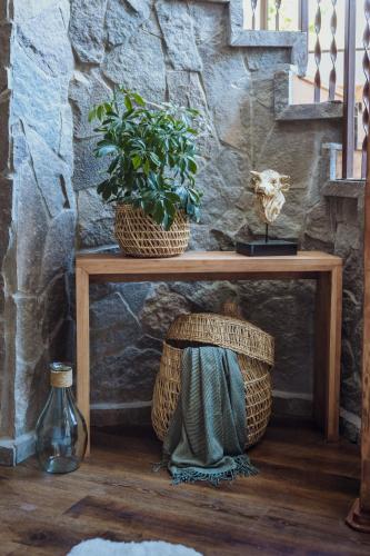 a table with a potted plant on top of a stone wall at PURA Hotel in Coihaique