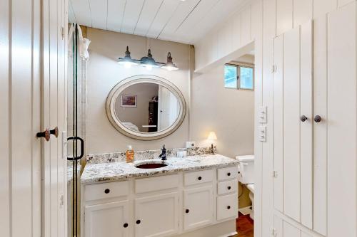 een witte badkamer met een wastafel en een spiegel bij Axis Oaks Guadalupe River Compound in Ingram