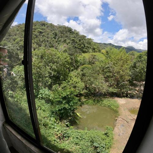 - une vue sur la forêt depuis une fenêtre dans l'établissement Hospedaje Naturaleza Viva, à San Rafael