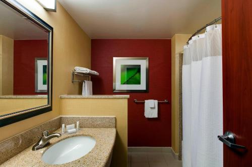 a bathroom with a sink and a mirror at Courtyard by Marriott Chicago Schaumburg/Woodfield Mall in Schaumburg