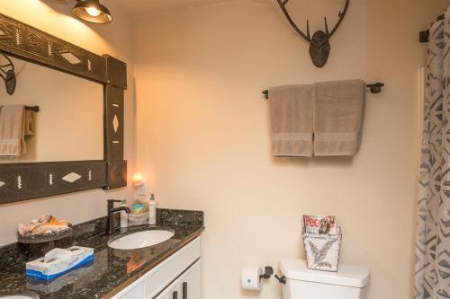 a bathroom with a sink and a mirror and a toilet at Sq Wild Rose 2 in Sequim