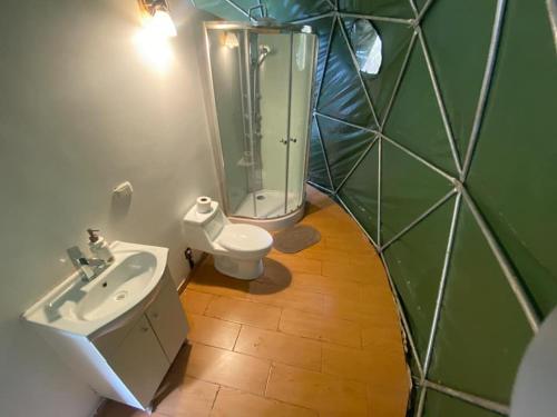 a bathroom with a sink and a shower and a toilet at Sky Lodge Domes Loreta Playa Sahuayaco in Sahuayacu
