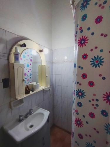 a bathroom with a sink and a shower curtain with flowers at BACANO hostel in Las Heras