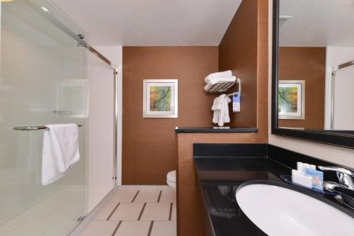 W łazience znajduje się umywalka, toaleta i lustro. w obiekcie Fairfield Inn & Suites by Marriott Gallup w mieście Gallup
